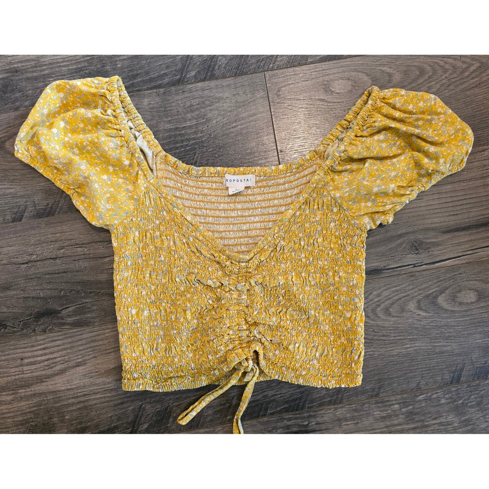 Women's sz S Aeropostale Yellow Floralโ Smocked Tie Front Puff Sleeve Crop Top